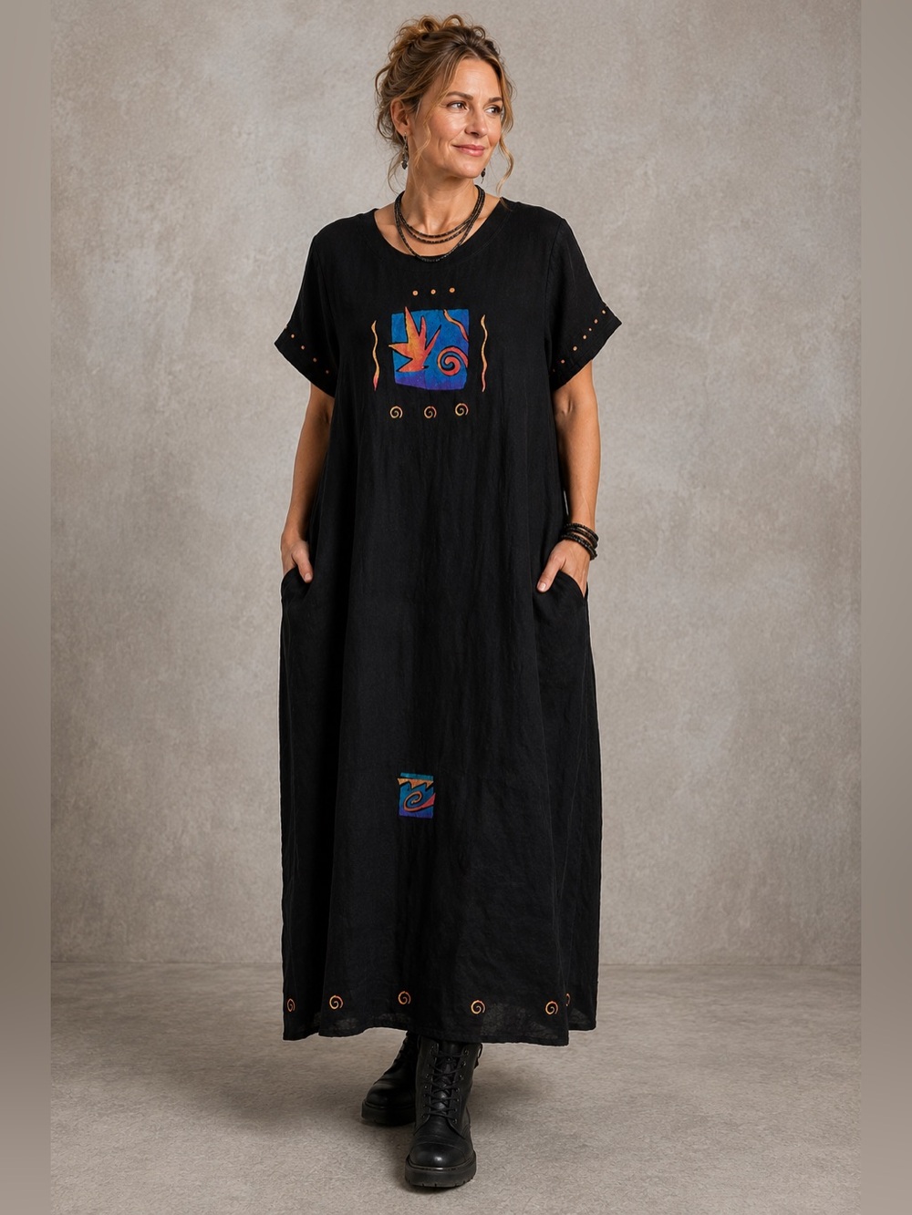 Vintage 90's 100% Linen Lagenlook Maxi Dress Abstract Art to Wear Black Pockets